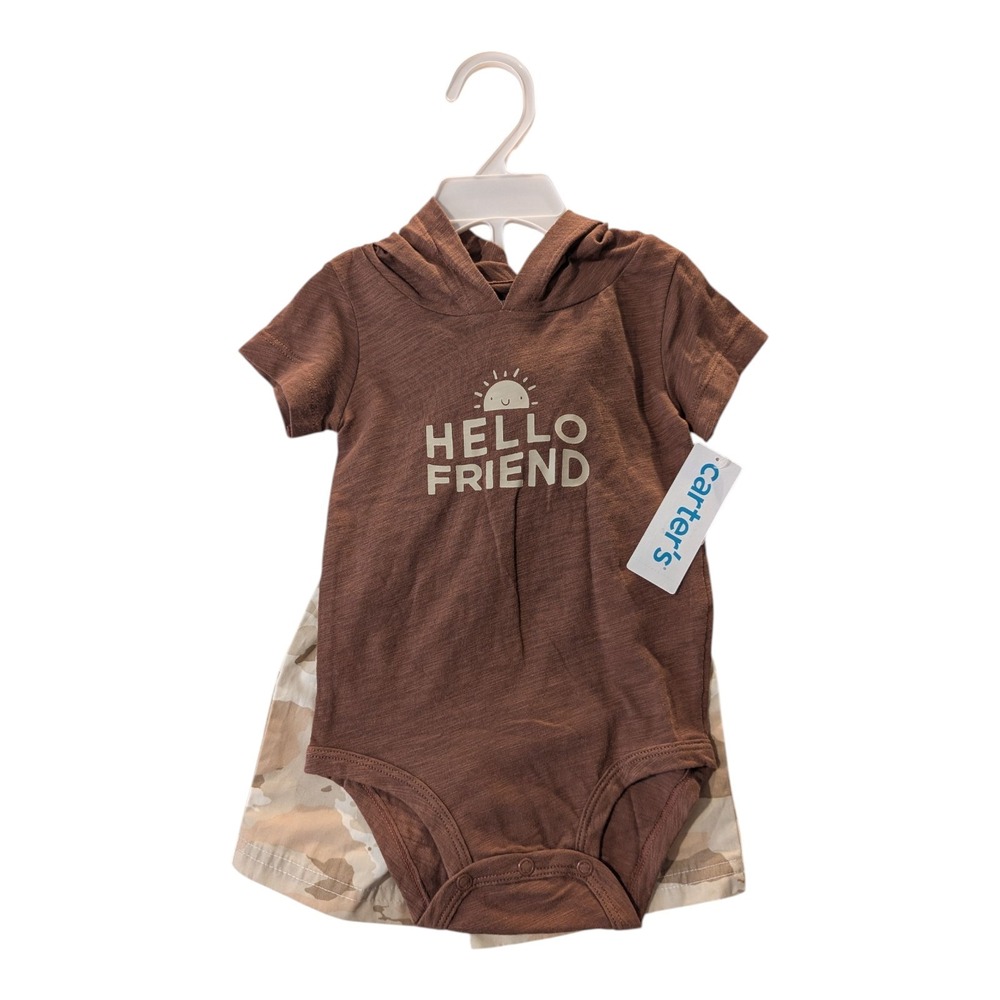 BBC-1 Carter's Hello Friend Baby Boys Bodysuit 2 Piece Set 12m -‎ Brown